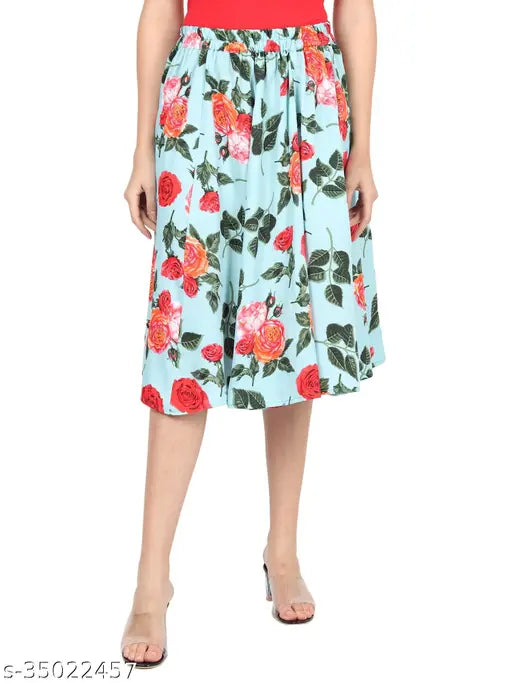 Casual mint green floral printed crepe Western skirt, flared design for women sizes 26-36 (India)