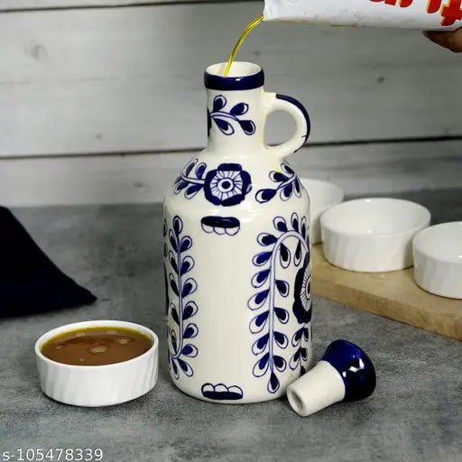 Ink Blue & White Ceramic Oil Dispenser (2pcs, 1L each) - Elegant kitchen oil storage for oil and vinegar, perfect for countertops