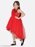 Red net Hi-Low party dress for kids, printed toy balloon design, sleeveless, sizes: 2-3yrs, 3-4yrs, 9-10yrs, 10-11yrs