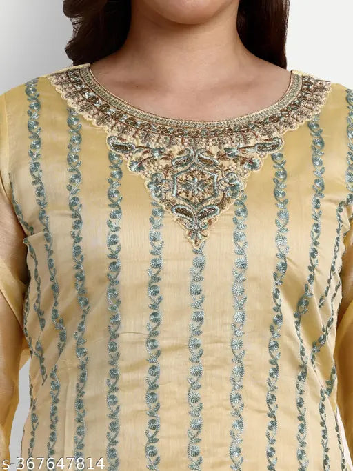 Yellow Chanderi embroidered designer straight suit with dupatta and pants, beautiful Aari embroidery on heavy American crepe lining