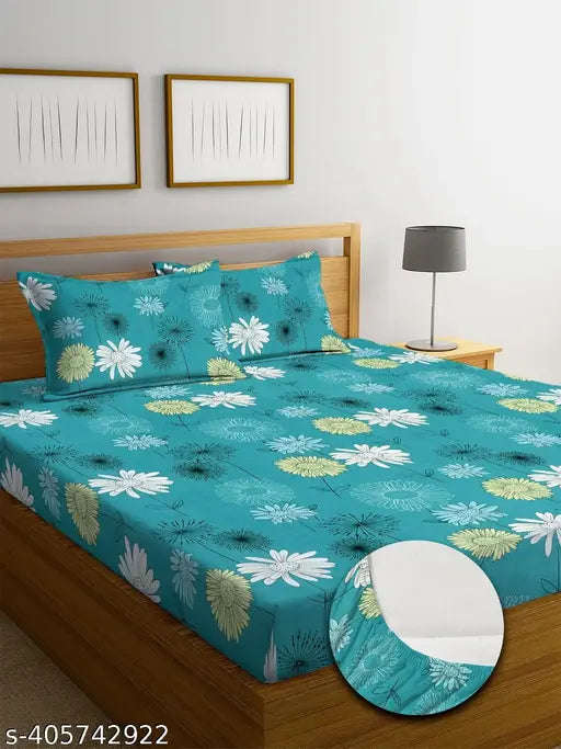 TARAIN Collection premium Glace cotton elastic king size fitted bedsheets with 2 pillow covers, double bed. Botanical print, supersoft fabric. Ideal for summer, adult use. Made in India