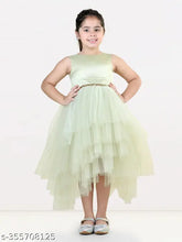 Military green embellished net gown dress, sleeveless hi-low style for kid girls party wear (1-12 years), India origin