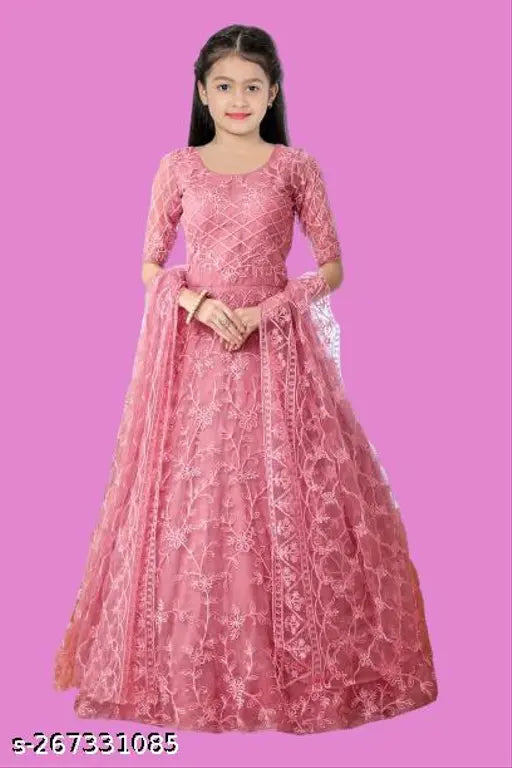 Baby pink embroidered net kids gown, short sleeves, India origin, size 10-13 years