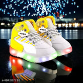 Yellow and grey patent leather LED light shoes for kids up to 12 years old. Bold, comfortable, and stylish with color-changing lighting effect