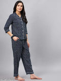 WineRed Women's Blue Bandhej Print Collared Lapel NightSuit - Cotton, ultra-feminine comfort for sleep & leisure