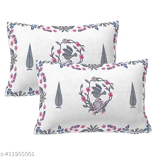 Attractive cotton flat sheets in botanical print, 144 thread count, ideal for summer, adult use. Double size, includes 2 pillow covers