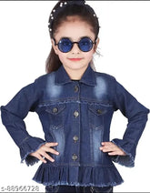 Denim full sleeve self-design jacket for girls, solid pattern, 10-11 years size