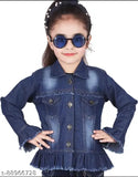 Denim full sleeve self-design jacket for girls, solid pattern, 10-11 years size