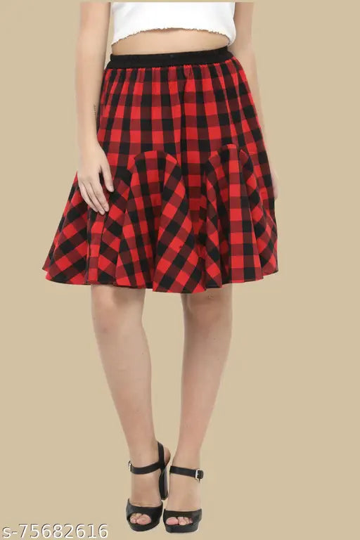 Red checkered print cotton casual skirt with elastic closure, size 26-36