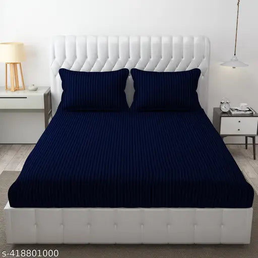 Premium royal blue satin stripe fitted bedsheet with pillow covers - stain-resistant, wrinkle-free, and hypoallergenic for summer use