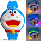 Multicolor Doreamon glowing music digital watch on child's wrist, blue silicon strap with multicolor dial and round shape