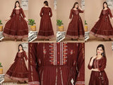 Maroon embroidered cotton blend Anarkali kurta with gotta lace border - Indian traditional wear for functions, festivals, parties, and weddings