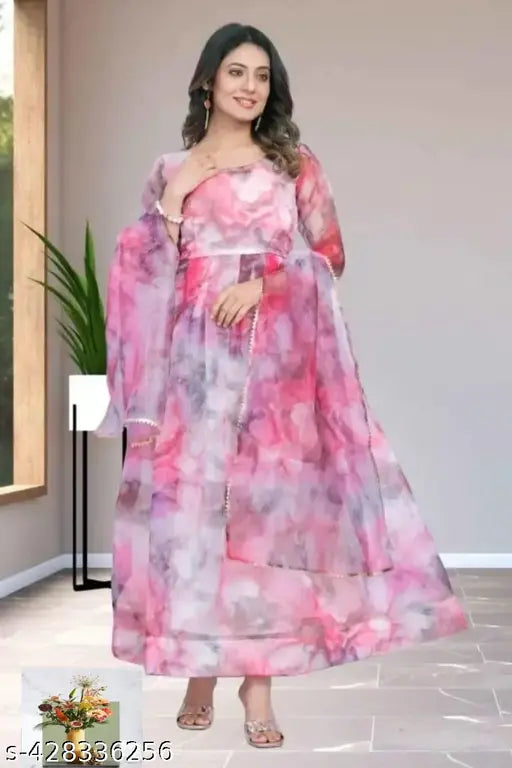 Pink organza floral gown set with rich position print, three-quarter sleeves, Indian-made