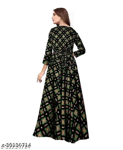 White printed rayon gown, three-quarter sleeves, Indian handcrafted design for women's functions, parties, and office wear