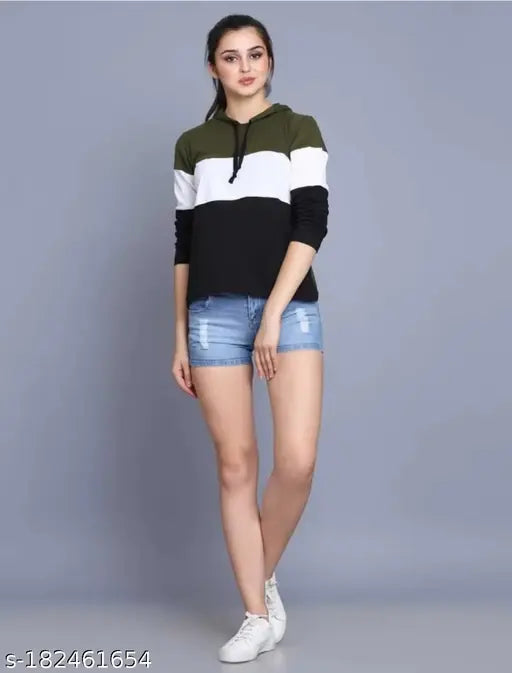 Colorblocked cotton blend casual hoodie for women, full sleeve, long length, India-made
