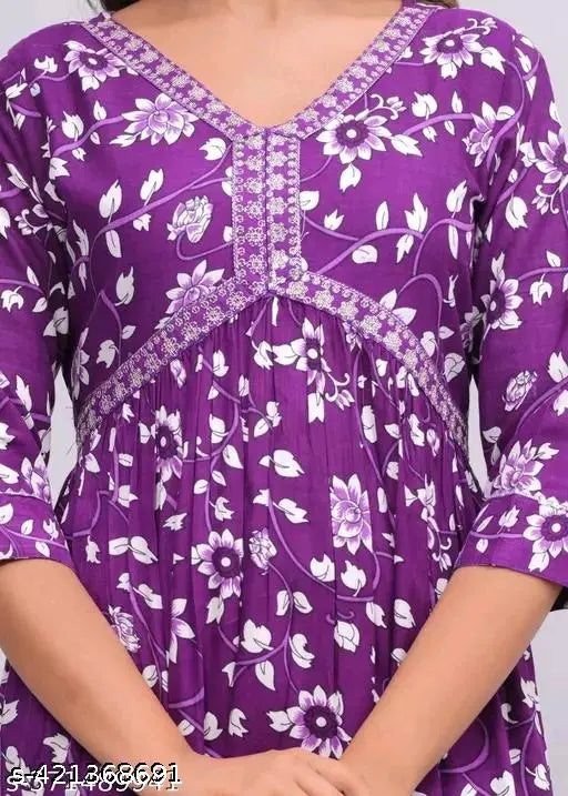 Purple printed embroidery anarkali kurti for women & girls, rayon fabric, trending Aliya cut style, India origin