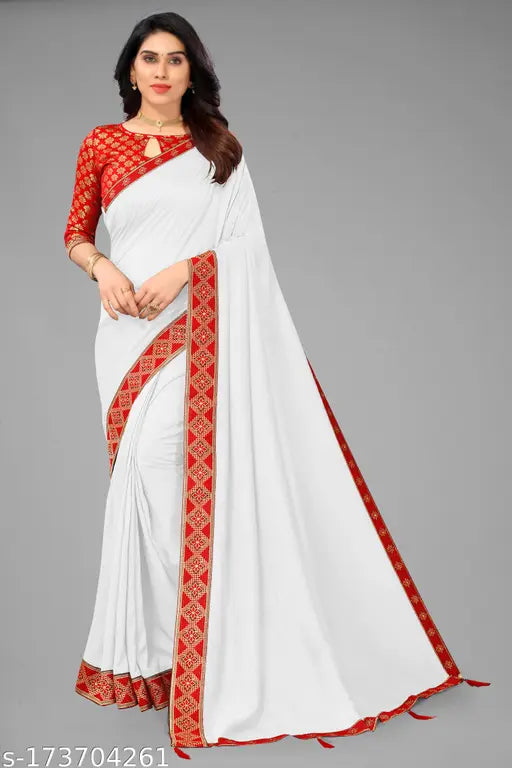 Swastik White Vichitra Silk Saree in Solid Jacquard Pattern, perfect for festivals and casual wear. Single piece with free size and length of 5.5m saree, 0.8m blouse