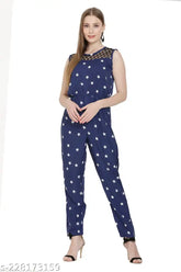 Sleeveless poly crepe print jumpsuit (M), made in India