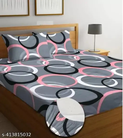 Grey geometric circle pattern, premium cotton elastic fitted bedsheets for double bed, 180 TC supersoft quality, 78x72 inches size + 10-inch drop, 2 king-size pillow covers included