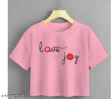 Pink cotton-blend crop top with love joy print, short sleeves, XS size (bust size 15 in, length size 17 in)