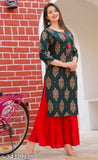 Green rayon kurta sharara set, designer casual with printed net pattern, single size L for women, India origin