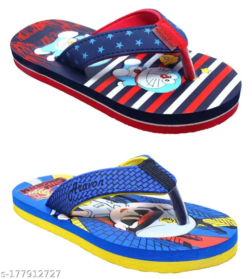 Aravon Kids Flip Flops Combo, printed net EVA sole, Doraemon design, breathable and adjustable for comfortable play