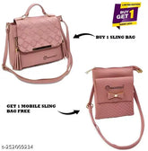 Magnifique PU Sling bag & mobile pouch combo, free size, solid net pattern, 4 compartments, elevate style, handcrafted accessory, made in India