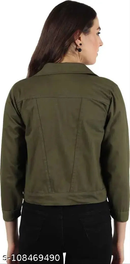 Olive colorblocked denim full-sleeve jacket for women, handmade in India