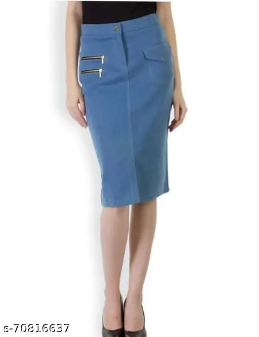 Blue denim formal pencil skirt, solid pattern, women's size 34 (waist: 34in, length: 23in, hip: 41in), Indian origin