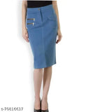 Blue denim formal pencil skirt, solid pattern, women's size 34 (waist: 34in, length: 23in, hip: 41in), Indian origin