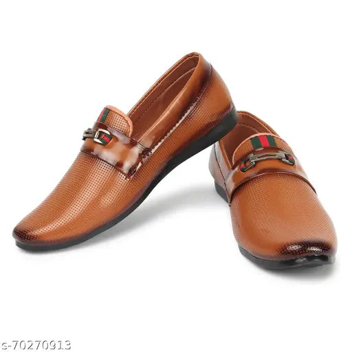 Tan synthetic leather slip-on loafers for boys aged 2 - 10 years, textured net pattern. Made in India