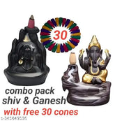 Handcrafted resin Shiv Ganesha Combo incense holder showpiece with 30 free backflow incense cones, Indian decorative art for spiritual space