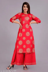 Rayon Women's Printed Kurta Palazzo Suit Set, three-quarter sleeves, India origin