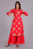 Rayon Women's Printed Kurta Palazzo Suit Set, three-quarter sleeves, India origin