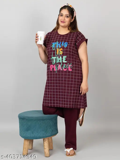 Kepa cotton plus size long t-shirt pyjama set, soft and printed for women's comfort