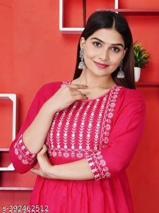 Pink viscose rayon anarkali, solid combo in shades of pink, traditional Indian outfit with three-quarter sleeves