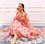 Peach georgette duppatta set for women, long-sleeved printed net Indian attire with intricate patterns