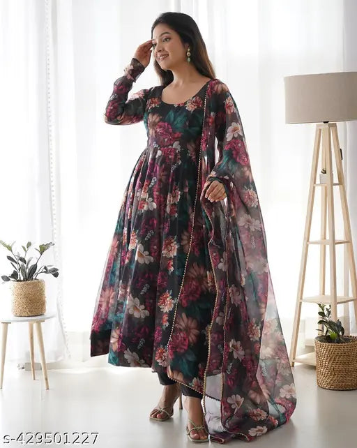 Black Georgette Printed Womens Gown, full sleeve, dupatta included, size S-XXXXL, ideal for special occasions
