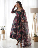 Black Georgette Printed Womens Gown, full sleeve, dupatta included, size S-XXXXL, ideal for special occasions