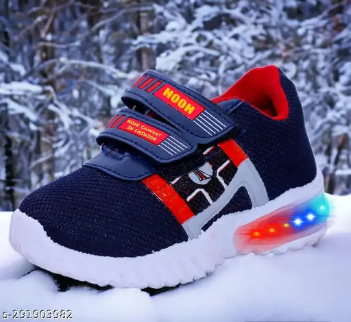 Kids navyblue light shoes: Breathable canvas and rubber textured unisex casual knitted sneakers with LED lights for 0-5 years old boys and girls, ideal for night outings, adjustable hook and loop closure, secure fit, perfect for exploration and fun. Made in India