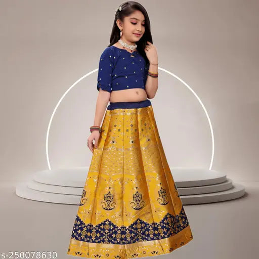 Yellow jute-cotton lehenga set for kids with floral stitch, short sleeves, and cotton blend dupatta. Semi-stitched net ethnic wear design from India." (105 characters)