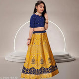 Yellow jute-cotton lehenga set for kids with floral stitch, short sleeves, and cotton blend dupatta. Semi-stitched net ethnic wear design from India." (105 characters)
