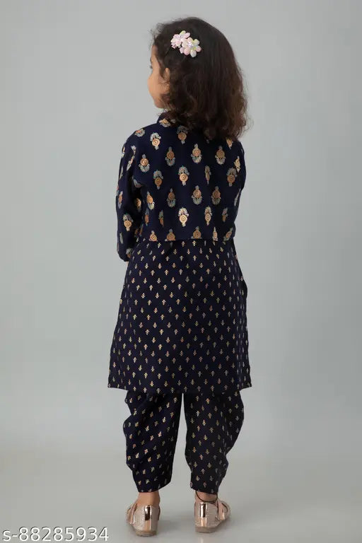 Gold printed Rayon kurta dhoti jacket style for girls, navy blue with three-quarter sleeves. Ethnic wear from India