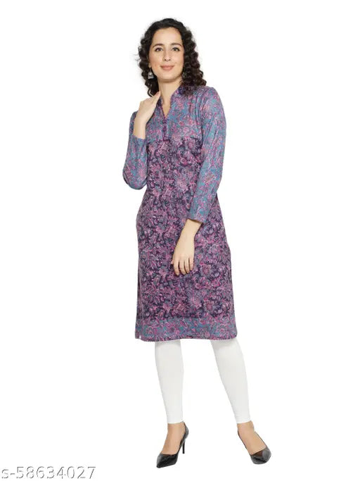 Blue wool A-line printed kurti with long sleeves, ideal for work or casual events. Premium quality fabric from India, suitable for pairing with pants like plazzos, leggings, or jeans