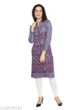 Blue wool A-line printed kurti with long sleeves, ideal for work or casual events. Premium quality fabric from India, suitable for pairing with pants like plazzos, leggings, or jeans