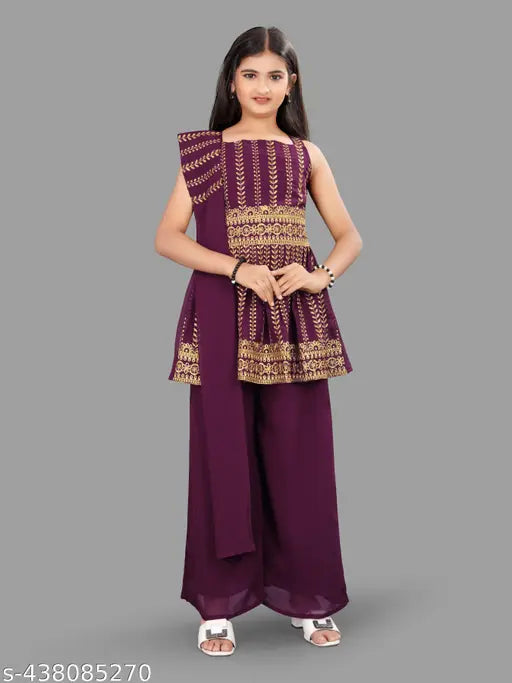 Trendy crepe Kids Kurta Pajama Set with dupatta, traditional ethnic wear for girls