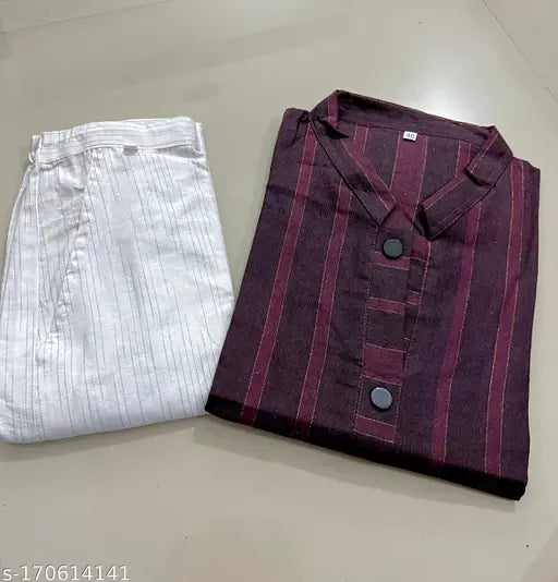 Striped cotton women's kurti set with pants, three-quarter sleeves, single size S-XXXL, Indian origin