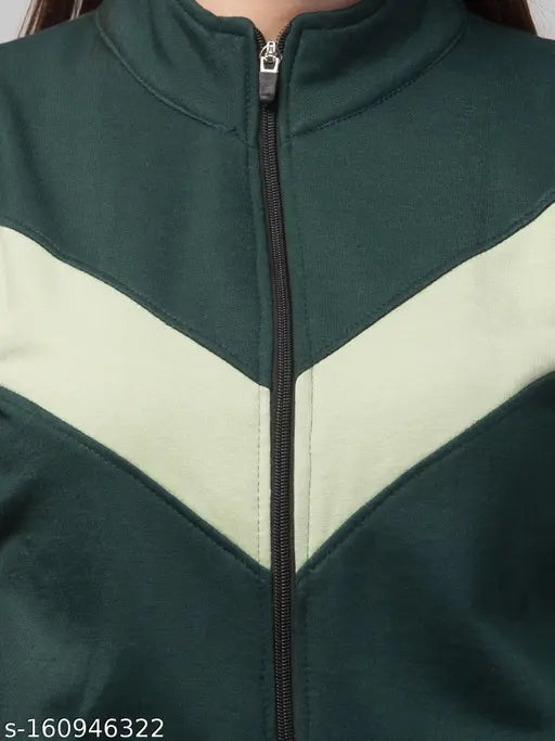 Dark green fleece zip jacket, striped design for women's fashion, Indian-made fleece hoodie with smiley print