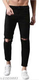 Men's black cotton blend knee slit jeans with multiple sizes available: 28, 30, 32, 34, 36. Indian-made fashion for men on a display stand