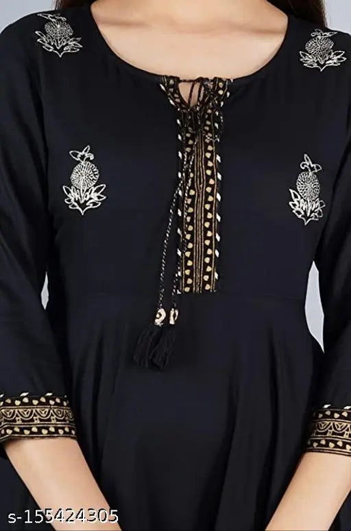 Black Rayon Anarkali Kurta with embroidery and print, stylish three-quarter sleeve for women, Indian origin